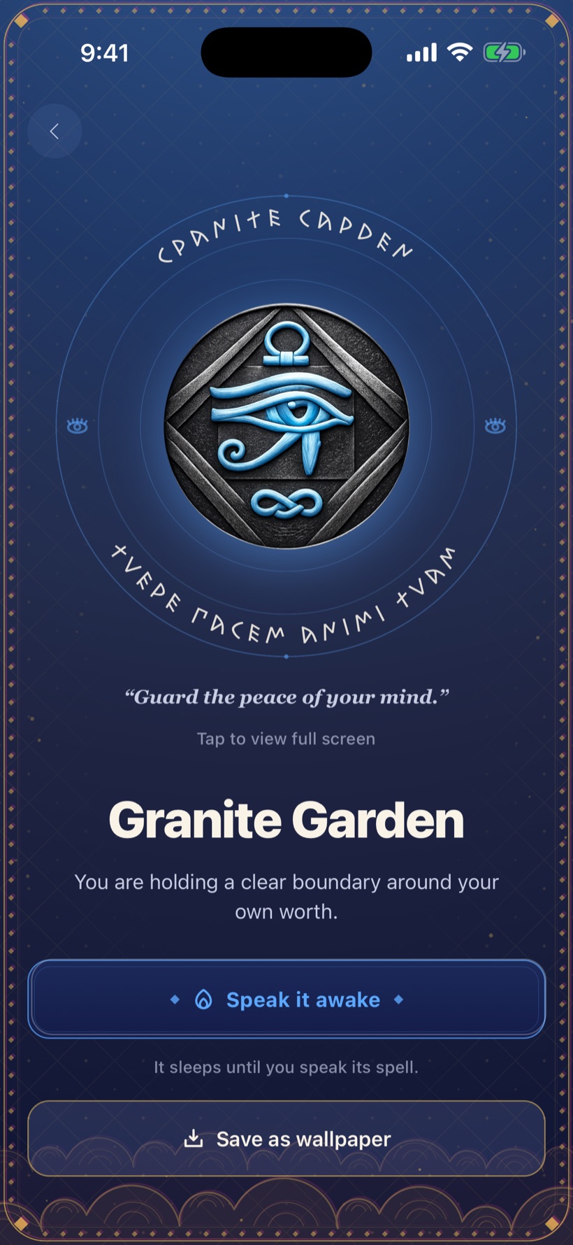 A dormant sign — the Granite Garden emblem above 'Speak it awake', with the note 'It sleeps until you speak its spell.'