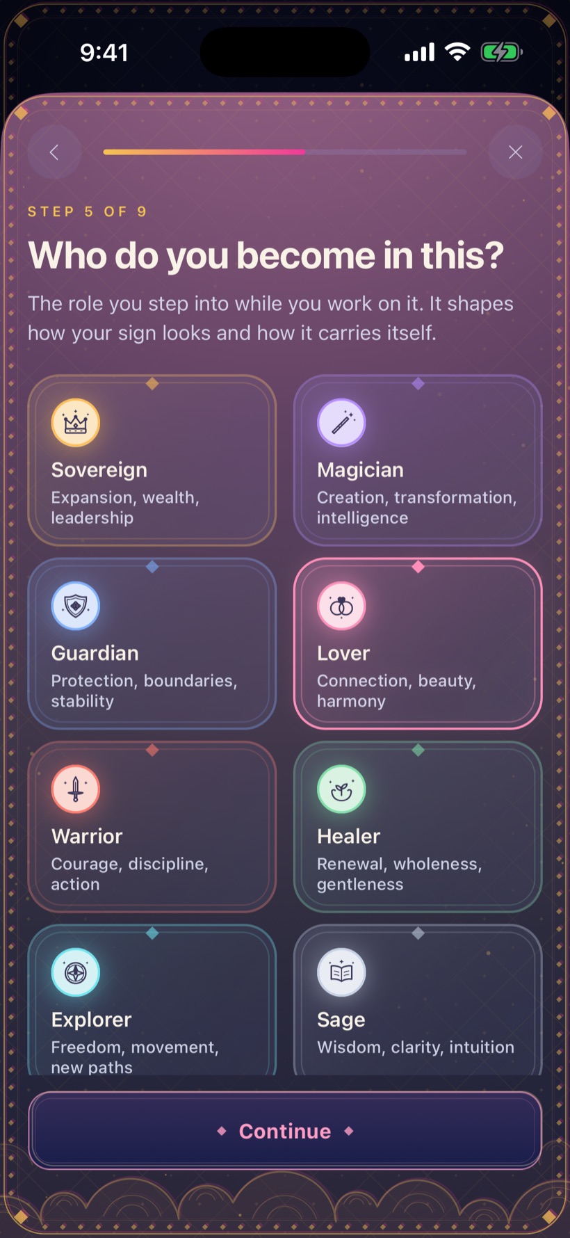 Forge step — 'Who do you become in this?': archetypes like Sovereign, Magician, Guardian, Lover, Healer and Sage.