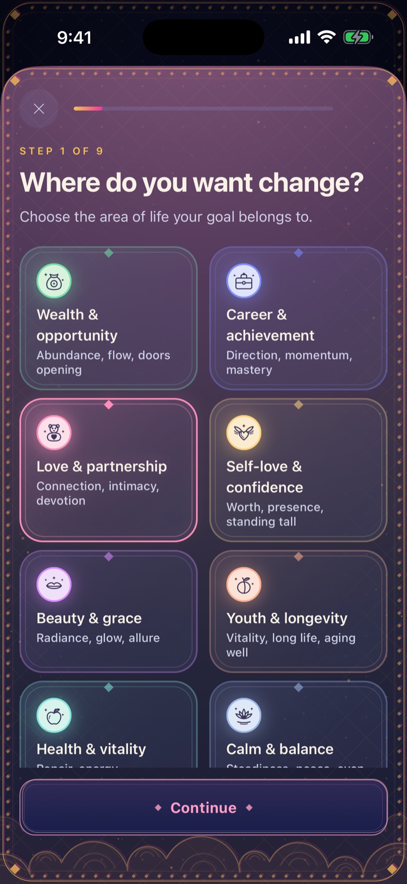 Forge step one — 'Where do you want change?': nine areas of life, from wealth and career to love, health and calm.