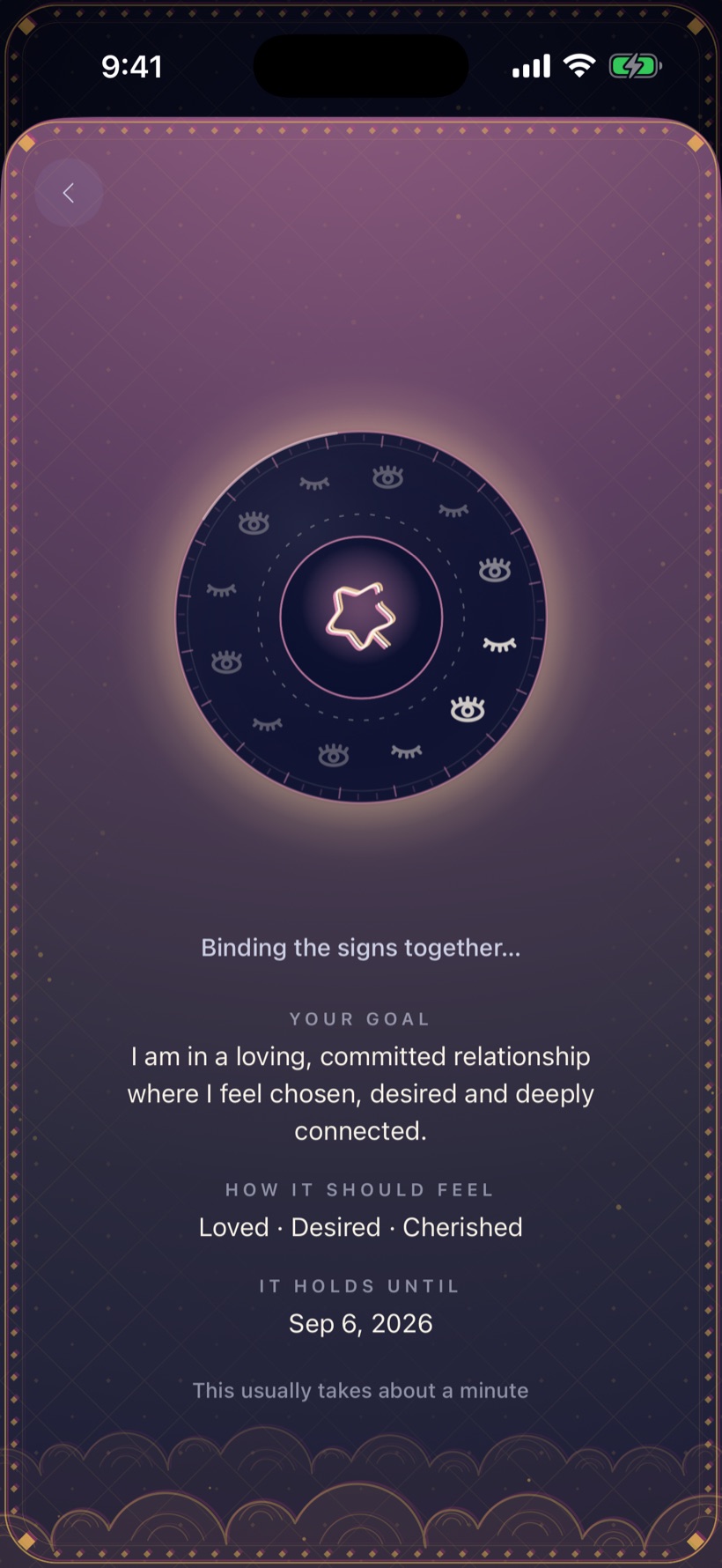 The forge binding the signs together — the emblem taking shape over the bearer's goal, feelings and term.
