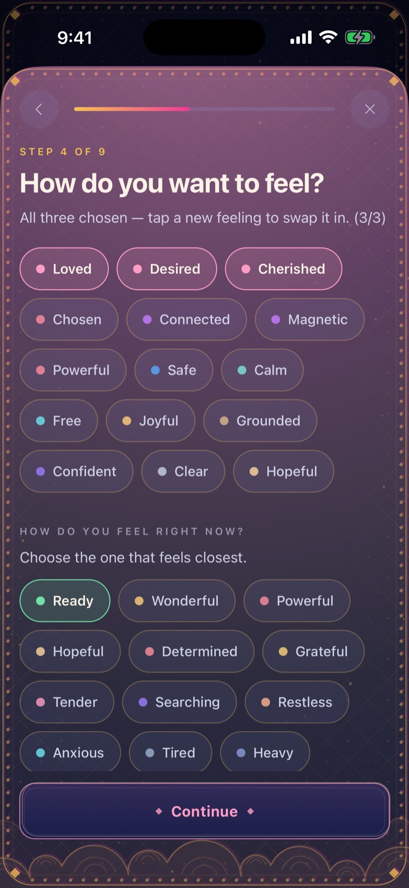 Forge step — 'How do you want to feel?': chips for loved, desired, cherished, and how you feel right now.