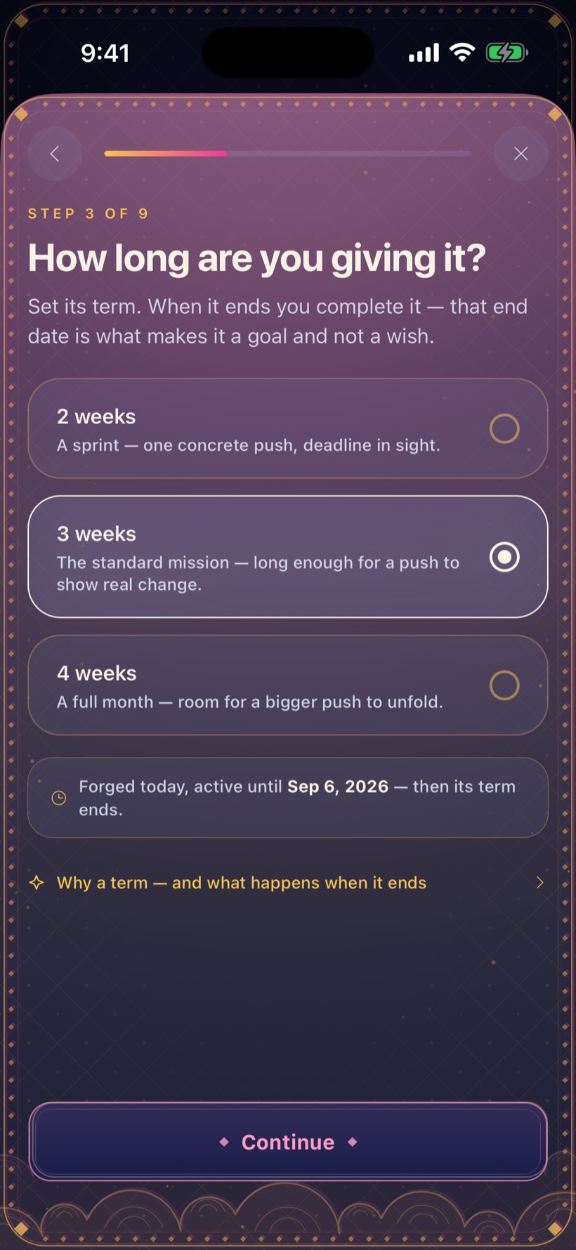 Forge step — 'How long are you giving it?': a two, three or four week term with a real end date.