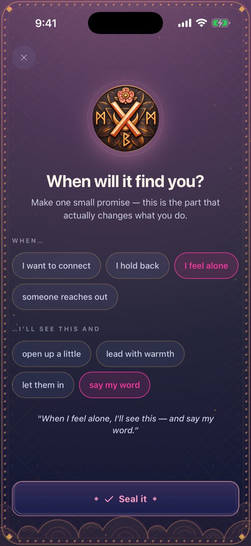 The plan step — 'When will it find you?': choosing a when and a response, sealed as one small if-then promise.