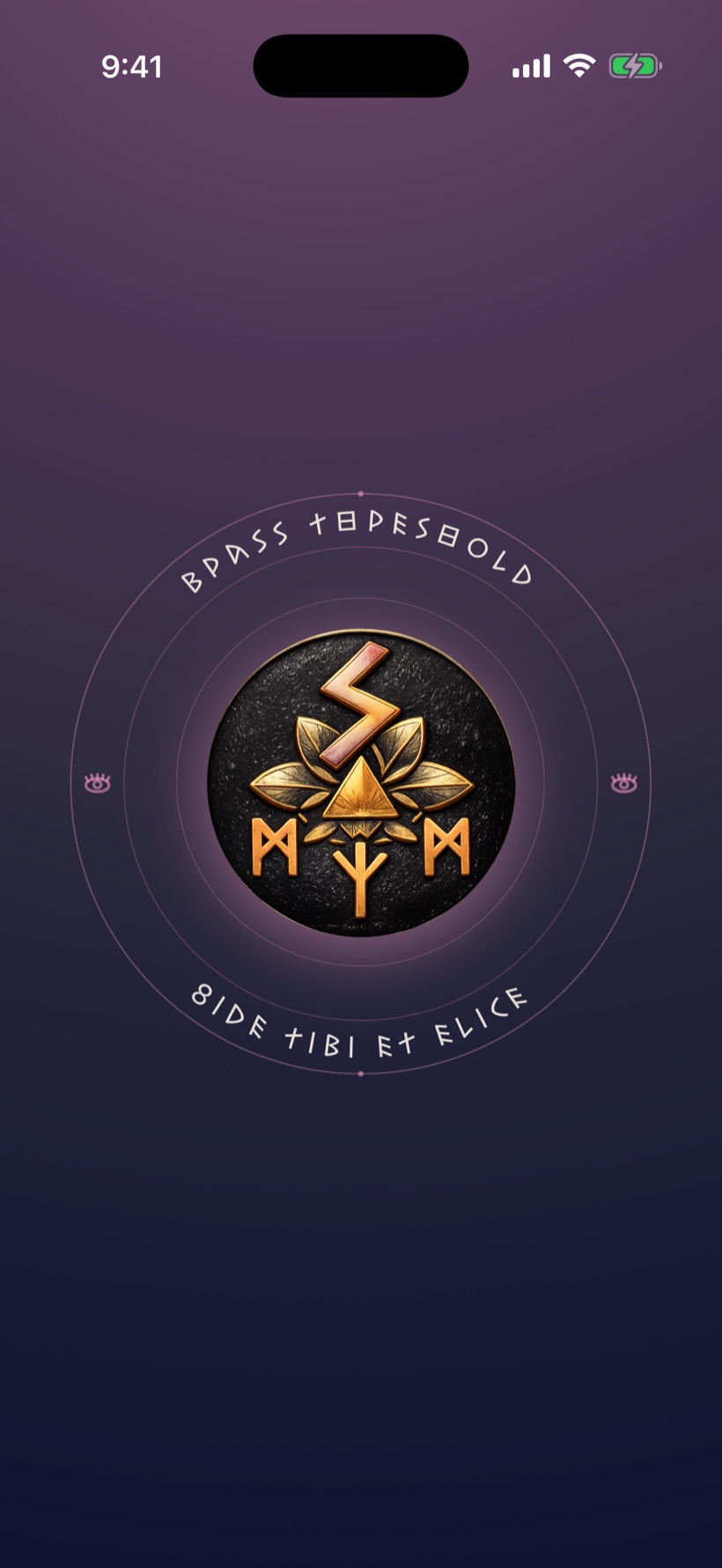 A brass rune-bound emblem glowing on near-black ink.