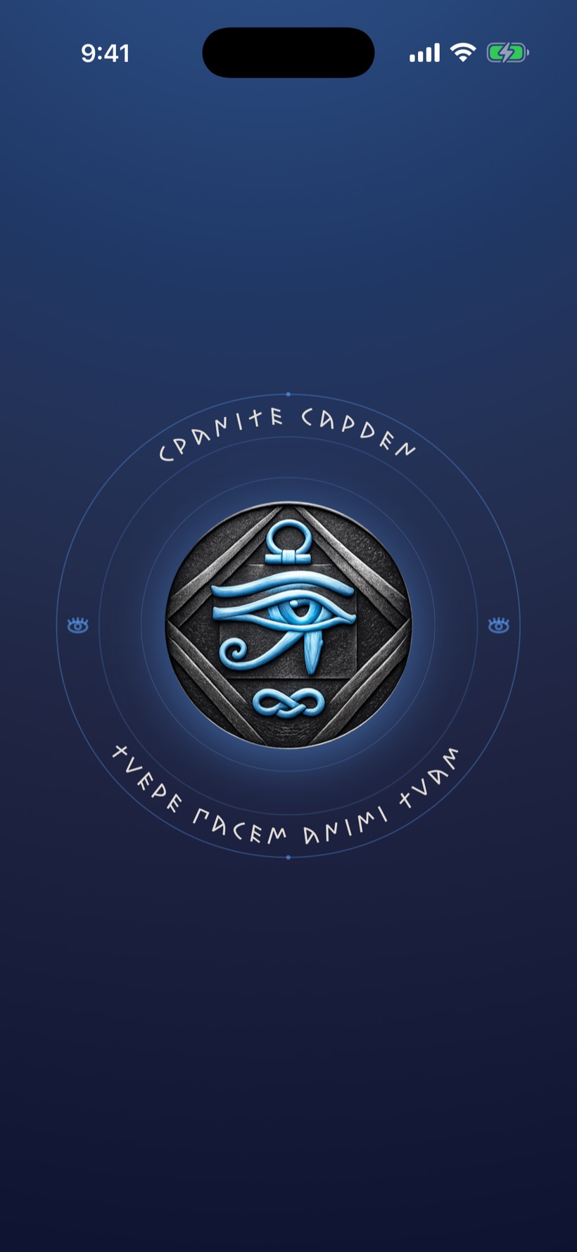 Granite Garden — a guarded eye carved in blue-grey stone, on midnight blue.