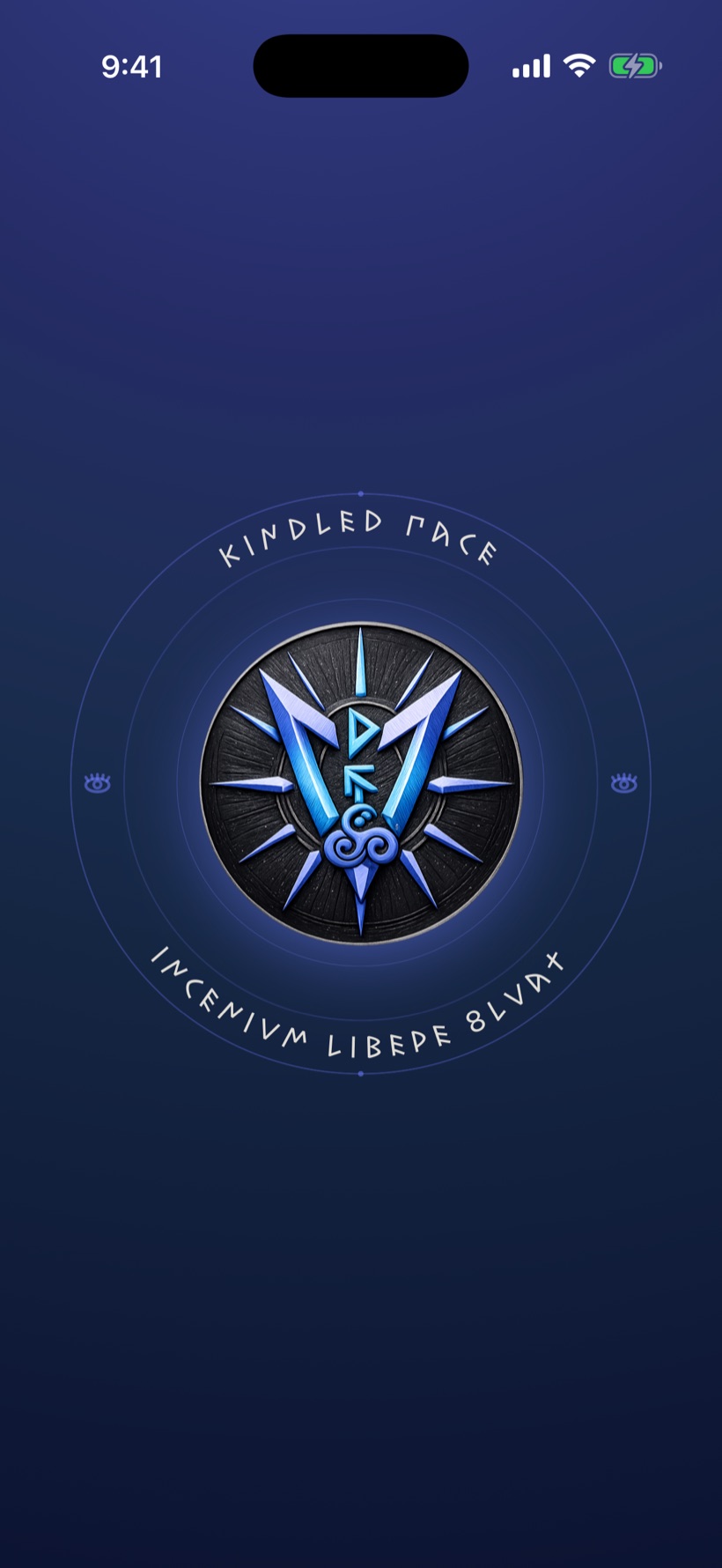 Kindled Race — an electric blue winged emblem on deep night ink.
