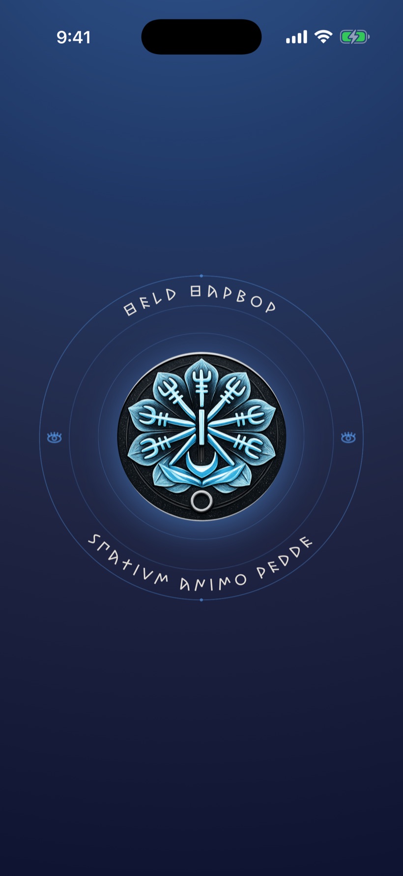 A finished sign carried as a lock-screen wallpaper — an ice-blue emblem inside its ring of lettering.