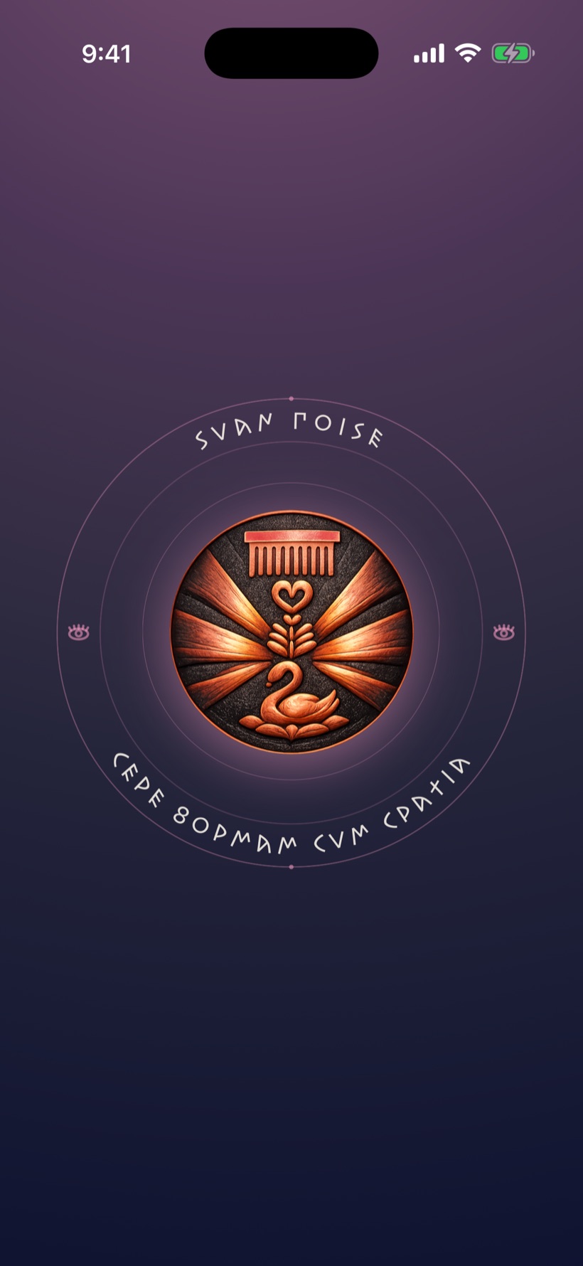 Svan Poise — a warm copper emblem with a swan curled beneath a crowned column, on a rose ground.
