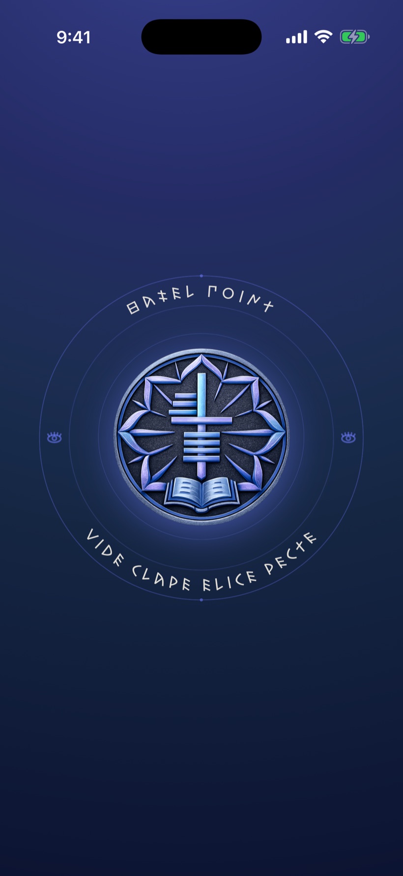 A silver-blue emblem of sword and open book inside its ring of lettering, on twilight blue.