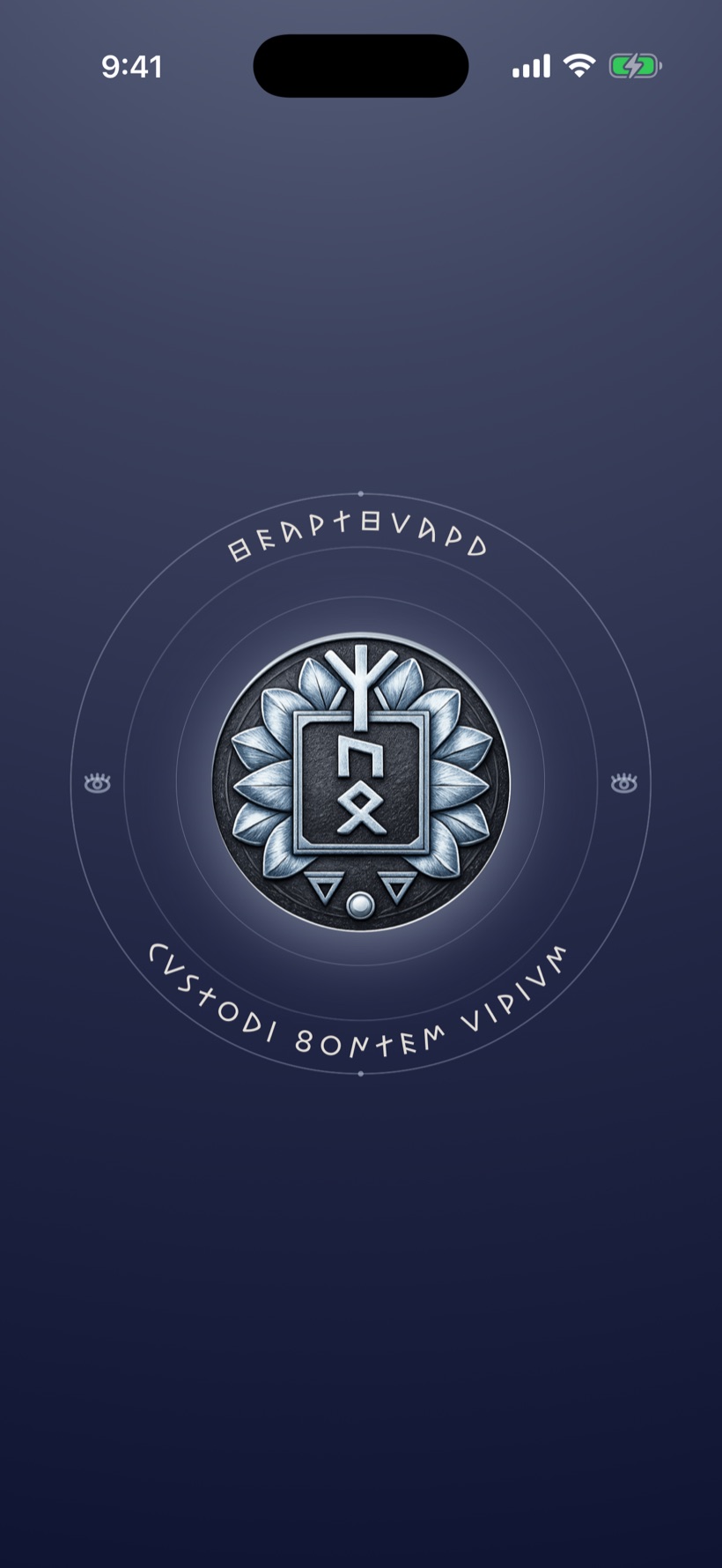 A steel-grey warded emblem struck like old iron, on slate blue.
